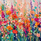 Petal Jubilee full artwork. Bright pink, orange, and turquoise flowers rise through a lively garden of layered brushstrokes and green stems.