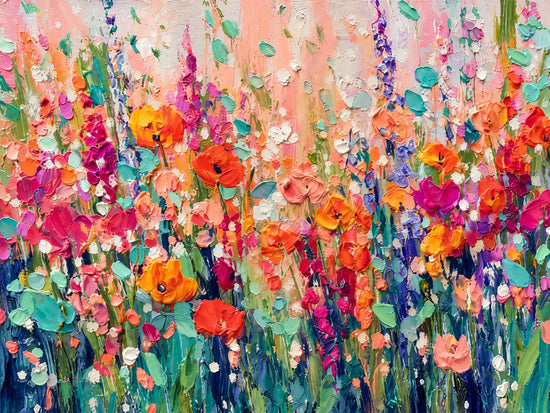 Petal Jubilee full artwork. Bright pink, orange, and turquoise flowers rise through a lively garden of layered brushstrokes and green stems.