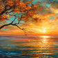 Ember Coastline full artwork. A fiery sunset glows across open water beneath an arching tree with orange leaves and dark branching limbs.