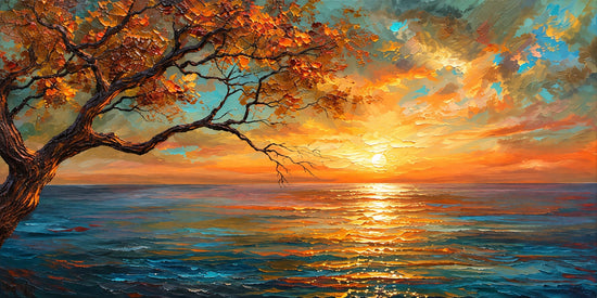 Ember Coastline full artwork. A fiery sunset glows across open water beneath an arching tree with orange leaves and dark branching limbs.