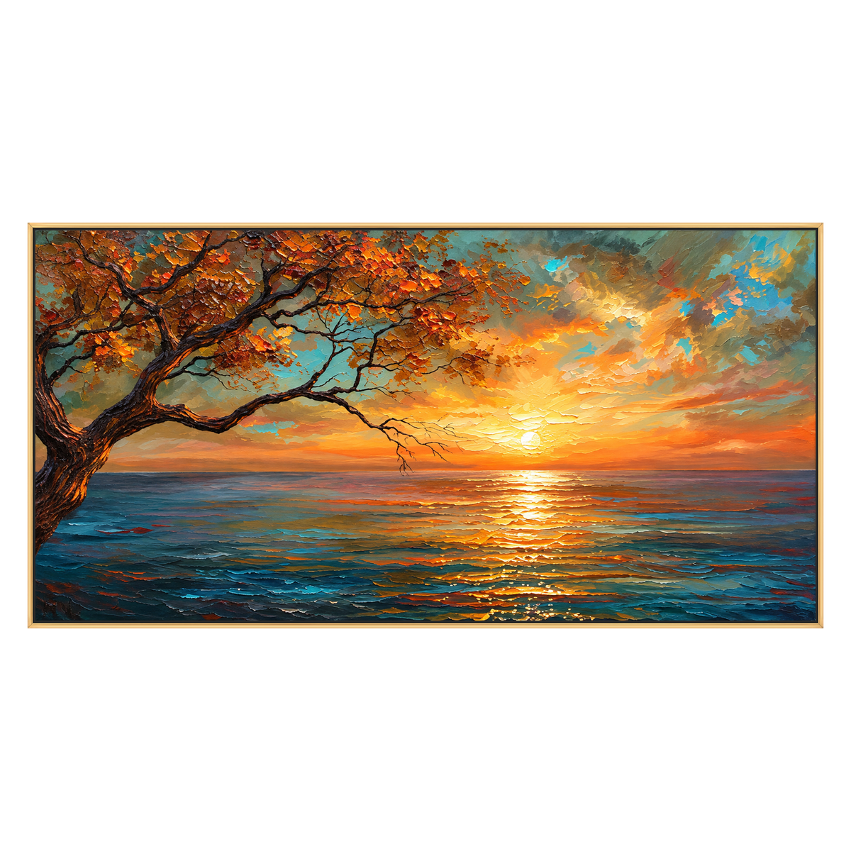 Ember Coastline artwork in a gold frame on a transparent background.