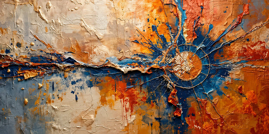 Cobalt Flare full artwork. Cobalt blue lines radiate from a circular center through ivory and burnt-orange textures in a bold abstract composition.