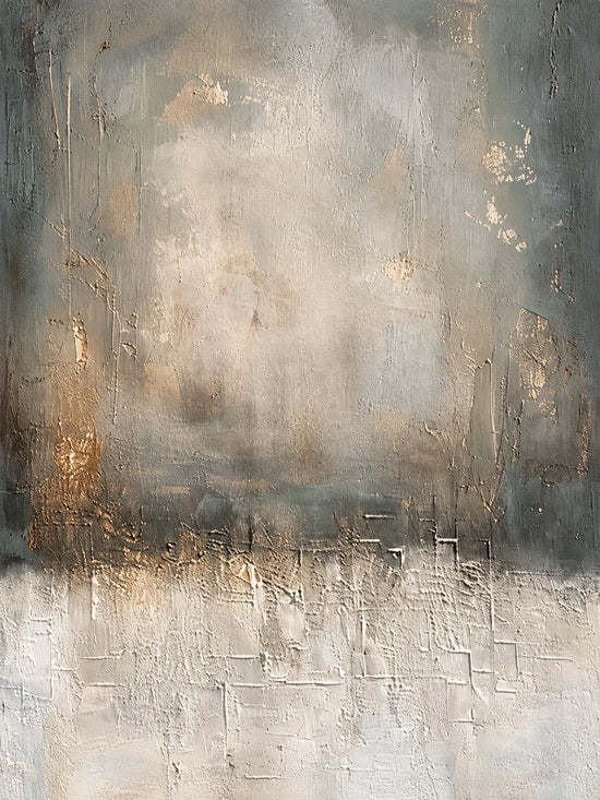 Silver Hush full artwork. Soft gray and ivory washes meet a dark horizon of textured marks, with muted gold accents suggesting distant light.
