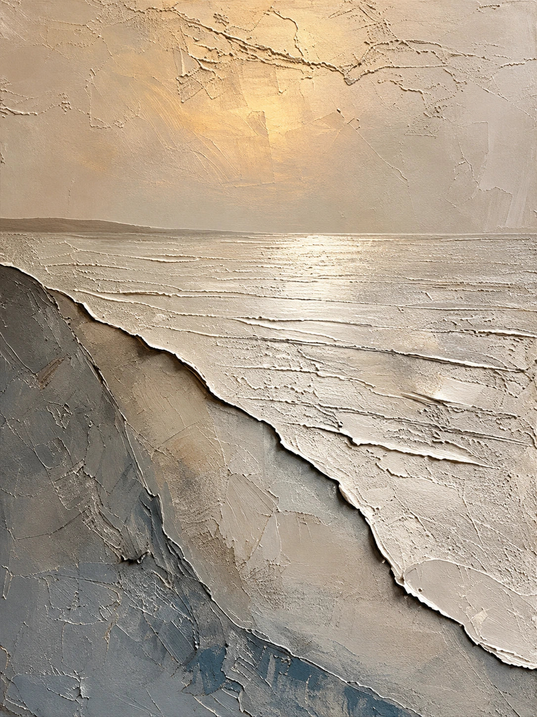 Pale Surf full artwork. A pale sun lights a quiet shoreline where raised ivory waves meet sand and muted blue-gray water.