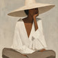 Ivory Solitude full artwork. A seated woman in a white blouse and wide ivory hat rests against a warm neutral background.