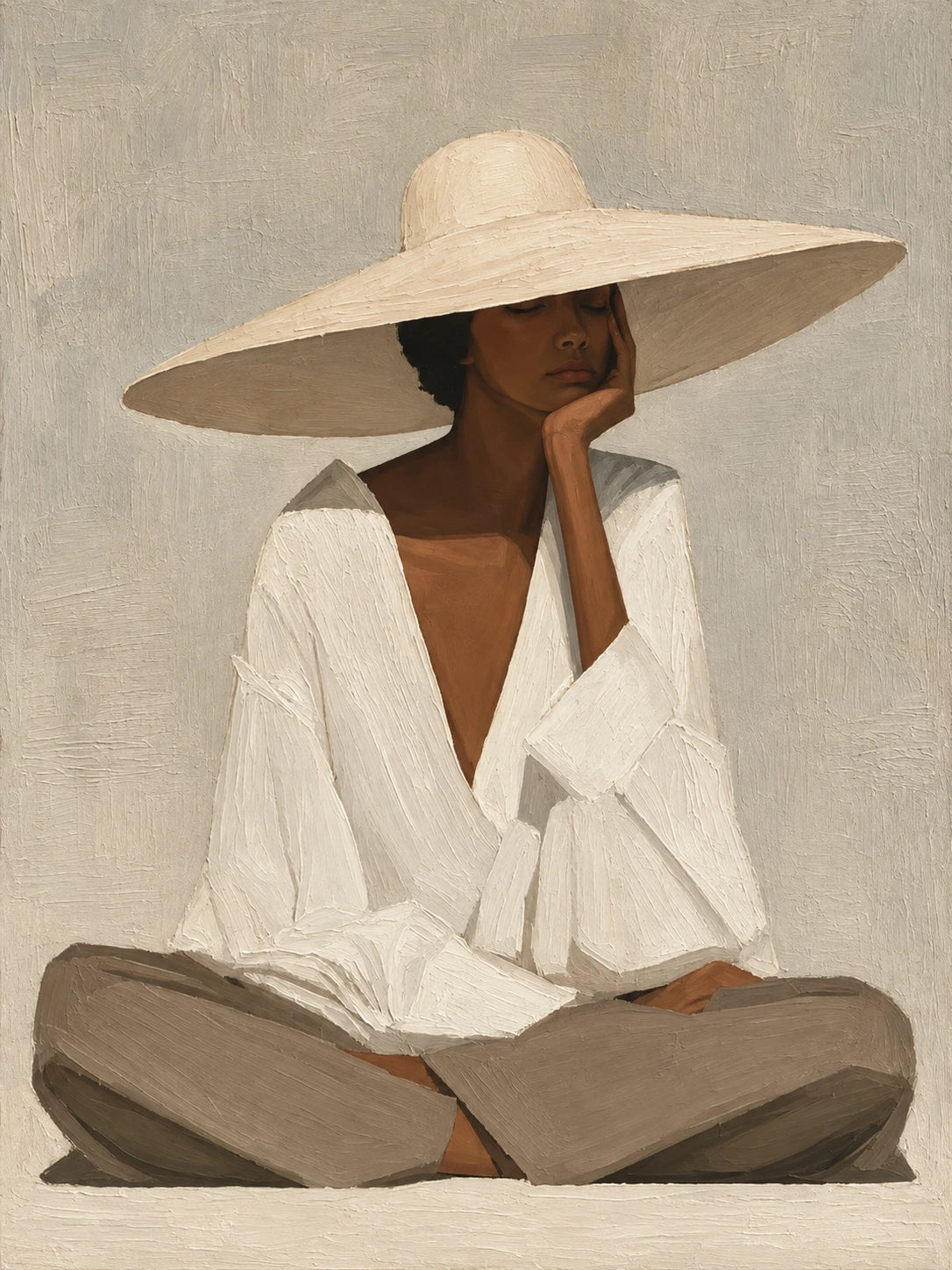 Ivory Solitude full artwork. A seated woman in a white blouse and wide ivory hat rests against a warm neutral background.