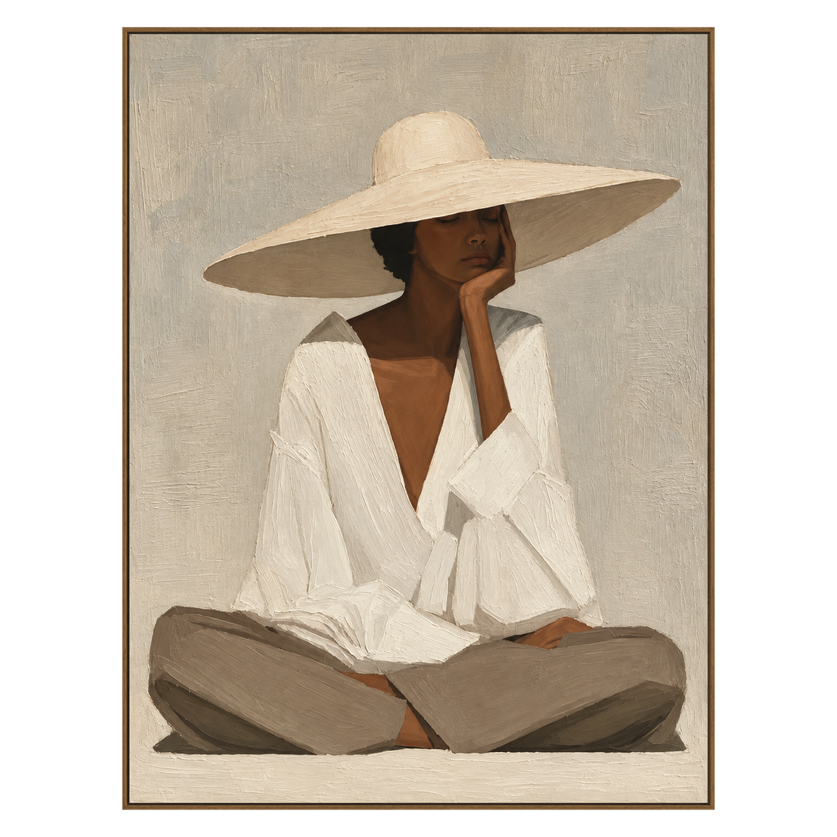 Ivory Solitude artwork in a natural wood frame on a transparent background.