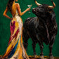 Emerald Encounter full artwork. A woman in a flowing patterned dress raises a glass beside a black bull against a deep emerald background.