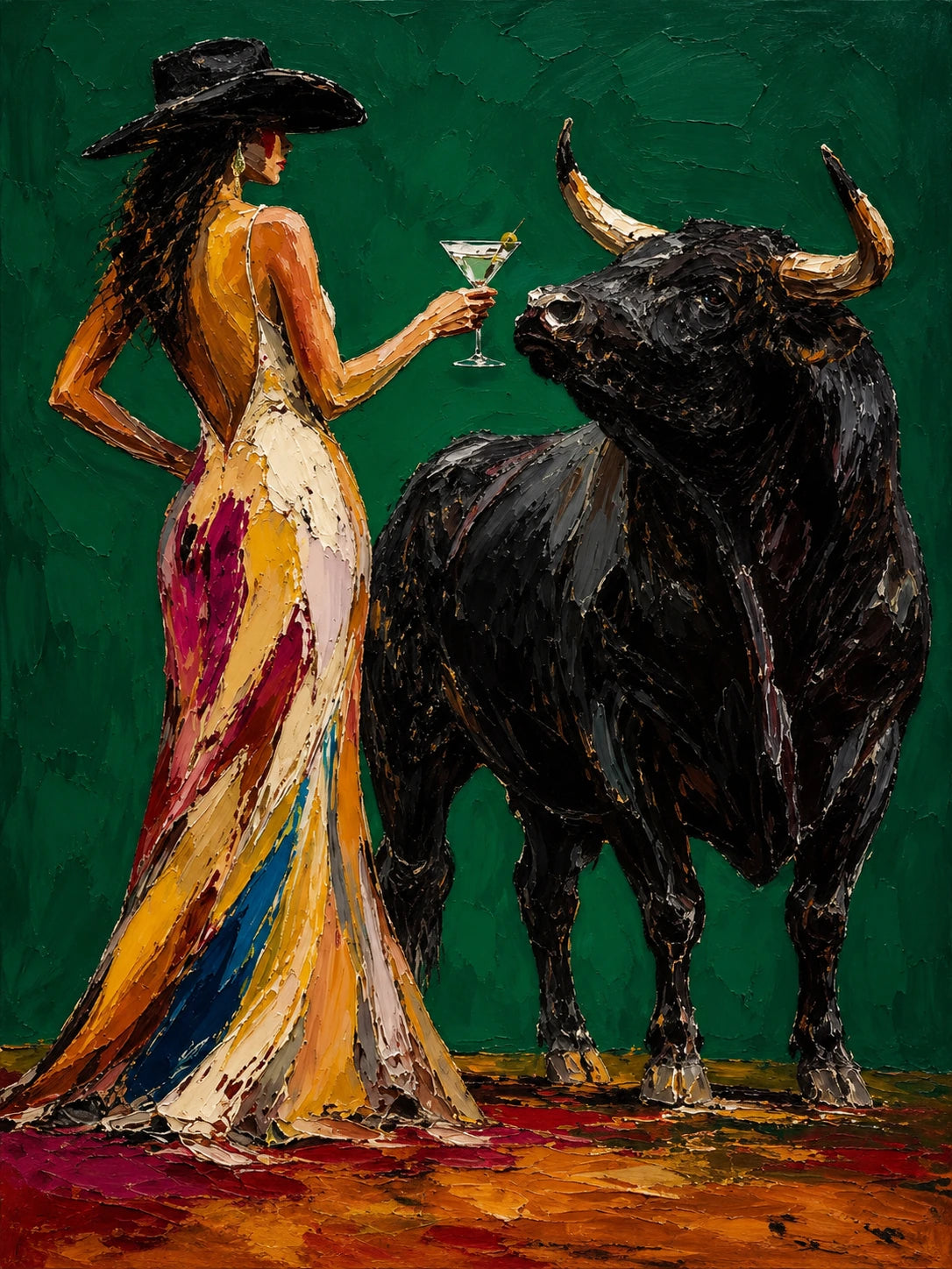 Emerald Encounter full artwork. A woman in a flowing patterned dress raises a glass beside a black bull against a deep emerald background.