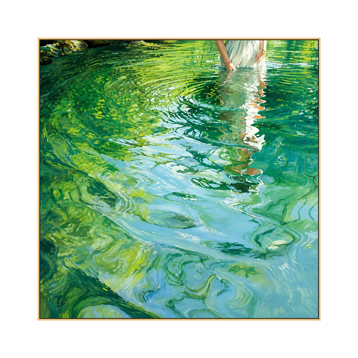 Emerald Ripples artwork in a gold frame on a transparent background.