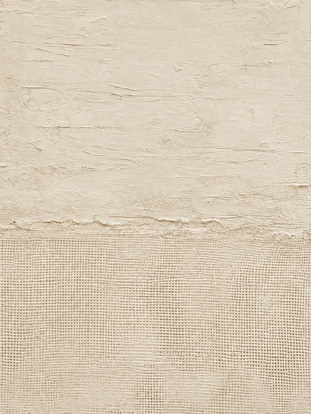 Linen Stillness full artwork. A softly textured ivory surface meets a woven lower section, divided by a gently uneven horizontal seam.