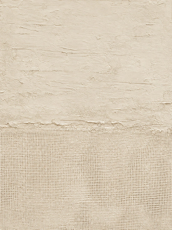 Linen Stillness full artwork. A softly textured ivory surface meets a woven lower section, divided by a gently uneven horizontal seam.