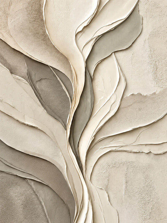 Ivory Leafsong full artwork. Layered leaf-like forms rise from a pale ground, their flowing edges and sculpted folds casting delicate shadows.