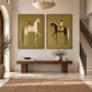 Olive Riders two-panel artwork set displayed above a wooden entryway bench.