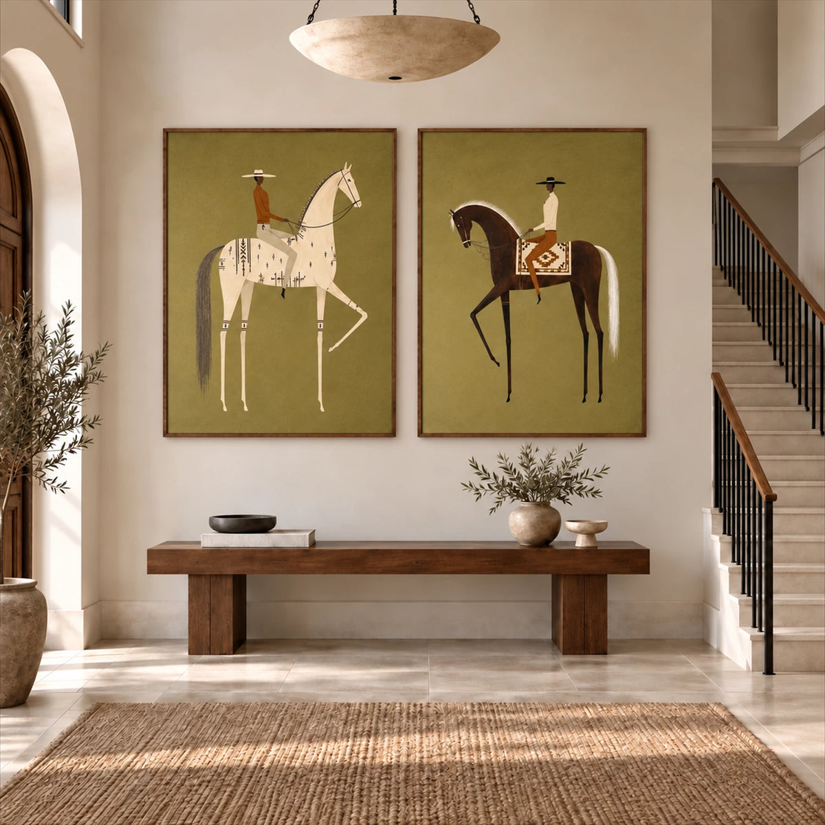 Olive Riders two-panel artwork set displayed above a wooden entryway bench.