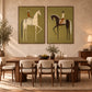 Olive Riders two-panel artwork set displayed above a dining table with woven chairs.