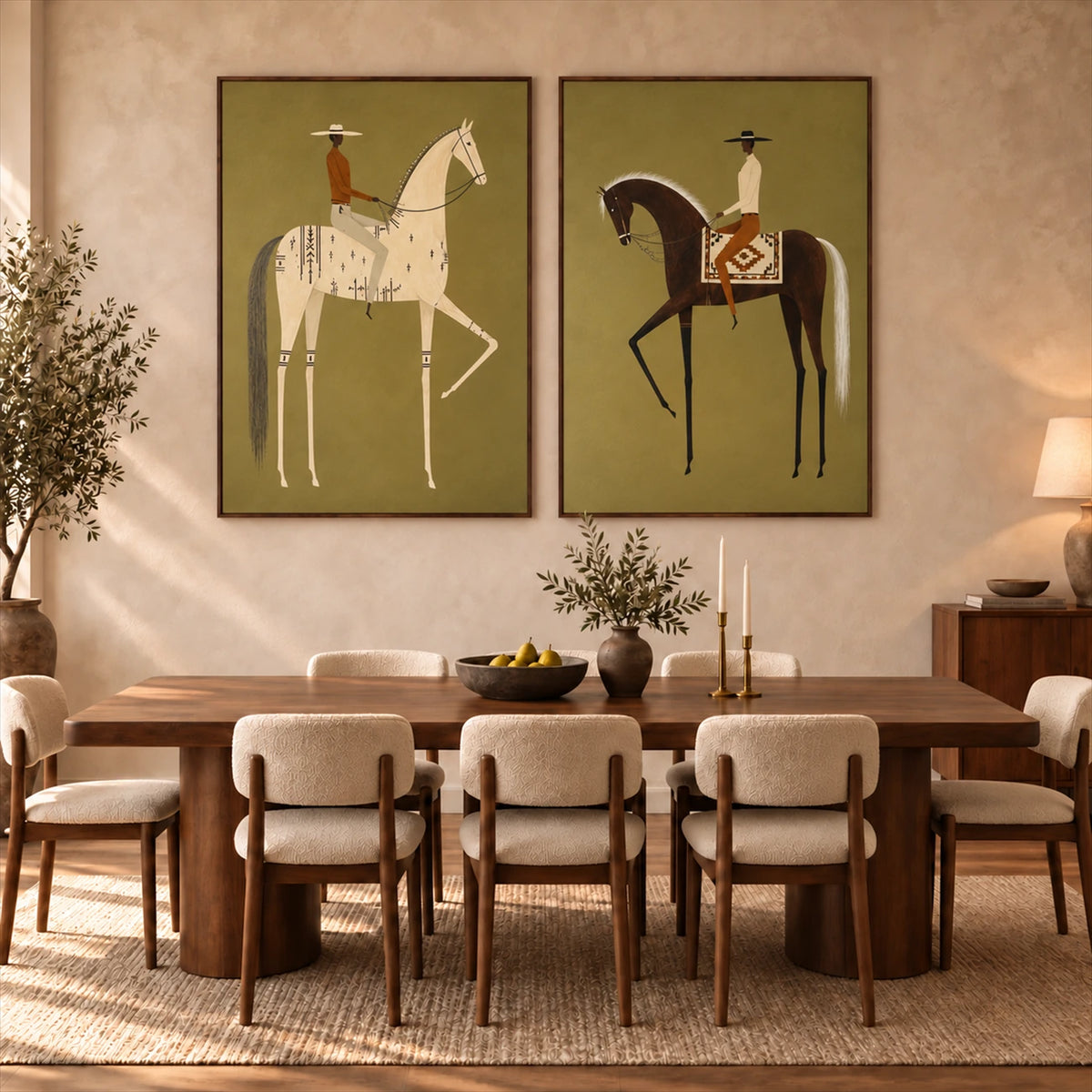 Olive Riders two-panel artwork set displayed above a dining table with woven chairs.