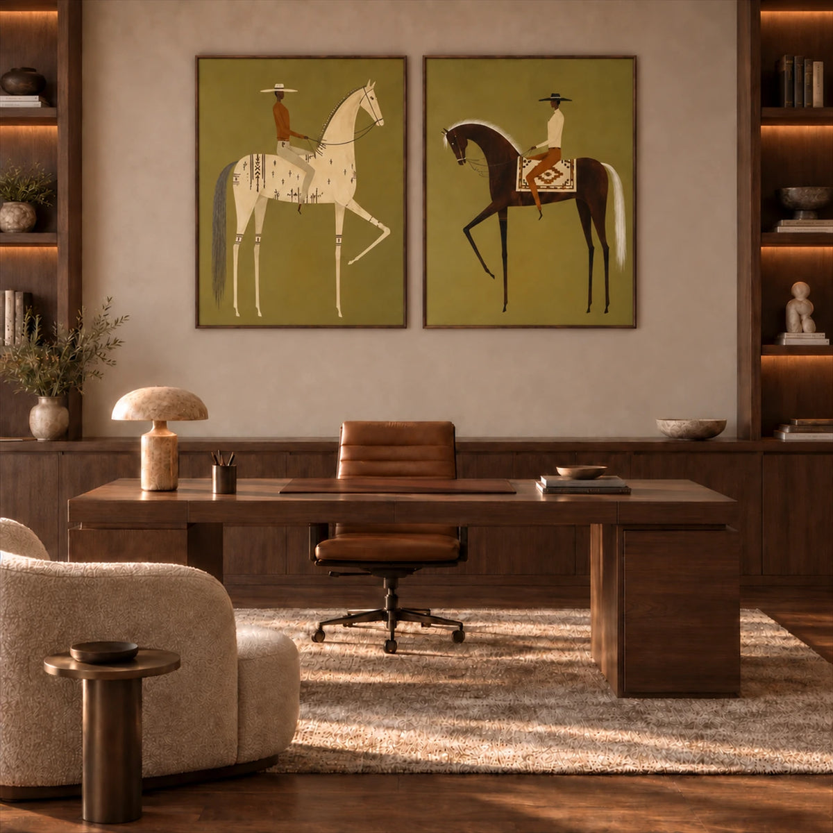 Olive Riders two-panel artwork set displayed above a wooden office desk.