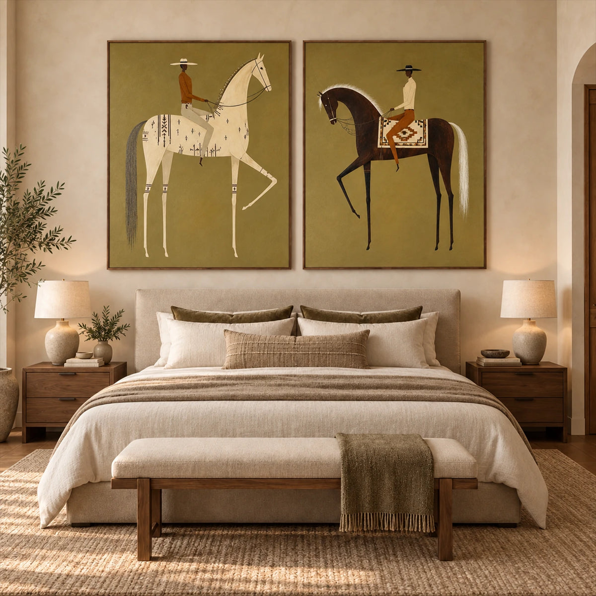 Olive Riders two-panel artwork set displayed above a bed with neutral linen.