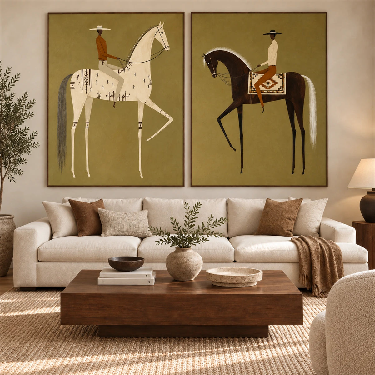 Olive Riders two-panel artwork set displayed above a cream sofa and wooden coffee table.