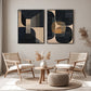 Noir Geometry two-panel artwork set displayed above a pair of light wooden lounge chairs.