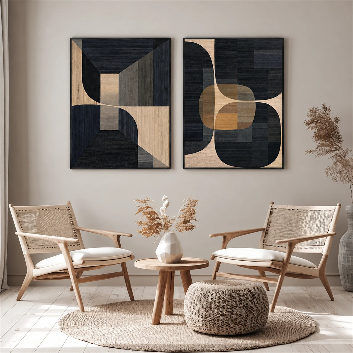 Noir Geometry two-panel artwork set displayed above a pair of light wooden lounge chairs.