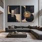 Noir Geometry two-panel artwork set displayed above a dark sectional sofa.