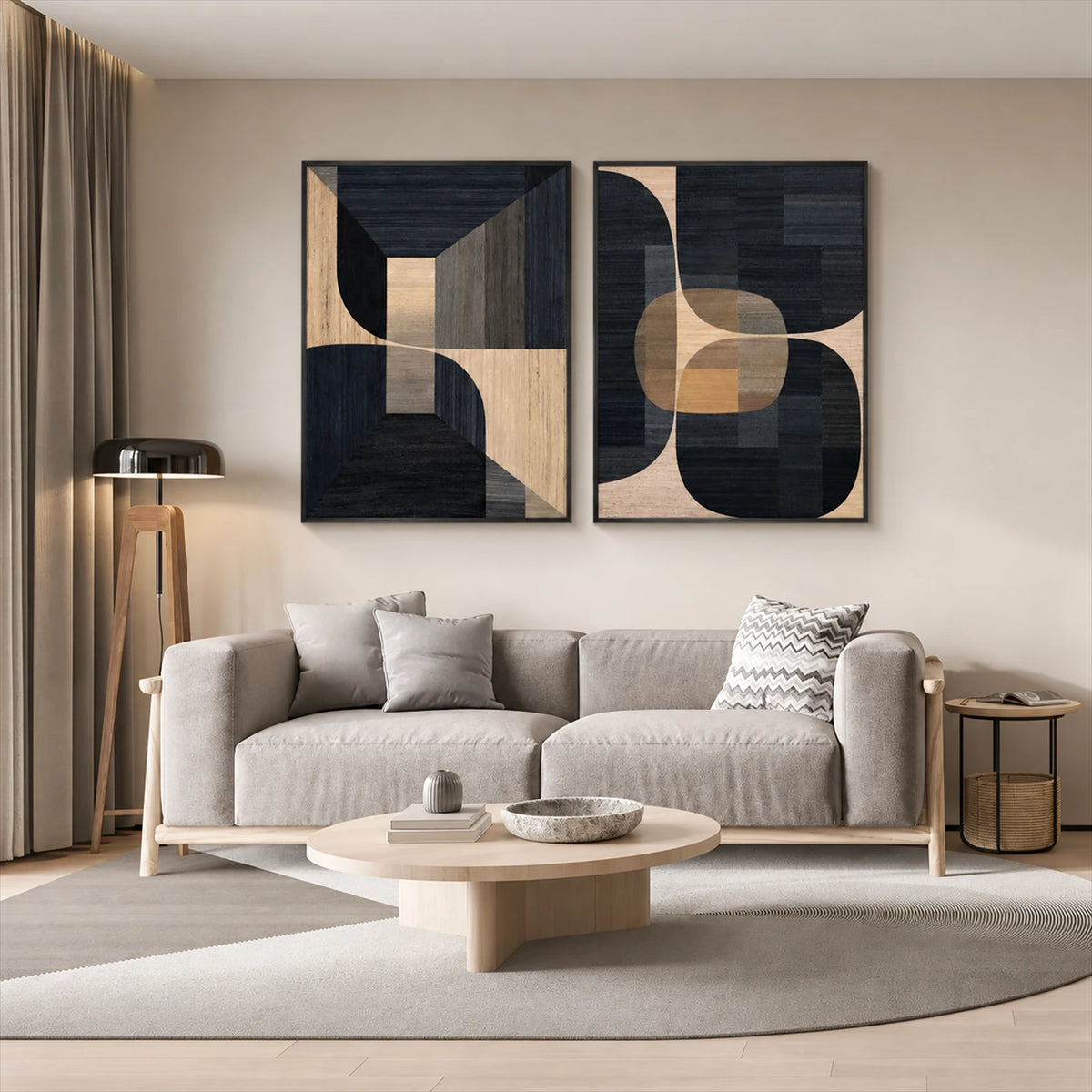 Noir Geometry two-panel artwork set displayed above a pale sofa and round coffee table.