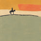 Ochre Horizon full artwork. A lone rider crosses a thin dark ridge beneath an ochre sky, a pale sun, and a broad coral cloud.