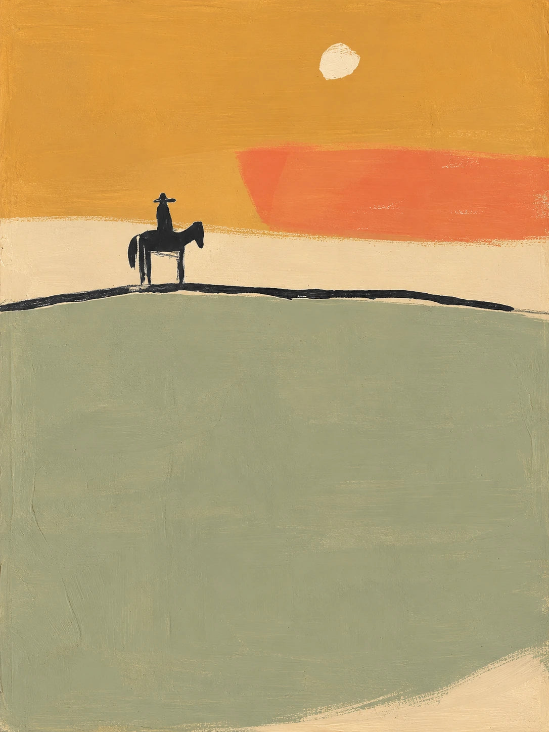 Ochre Horizon full artwork. A lone rider crosses a thin dark ridge beneath an ochre sky, a pale sun, and a broad coral cloud.