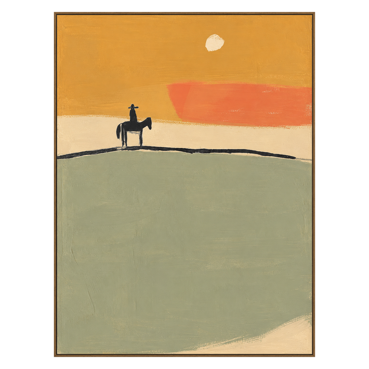 Ochre Horizon artwork in a natural wood frame on a transparent background.
