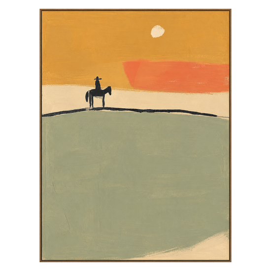 Ochre Horizon artwork in a natural wood frame on a transparent background.