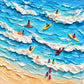 Surfside Play full artwork. Tiny surfers and swimmers move through turquoise waves, with raised white foam and bright boards scattered along the shore.
