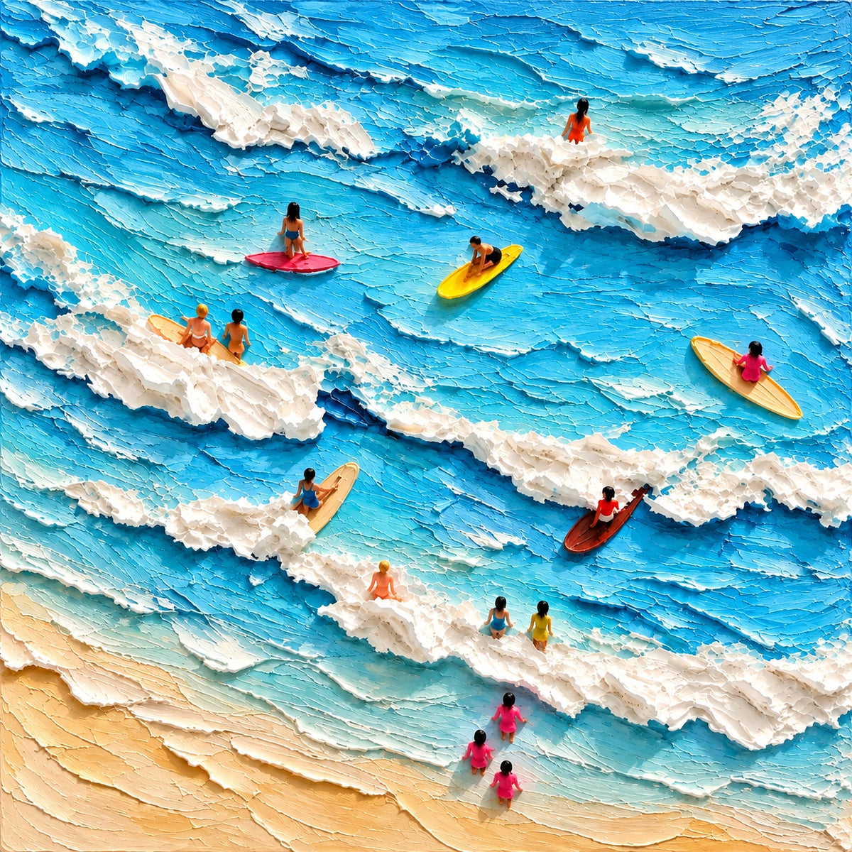 Surfside Play full artwork. Tiny surfers and swimmers move through turquoise waves, with raised white foam and bright boards scattered along the shore.