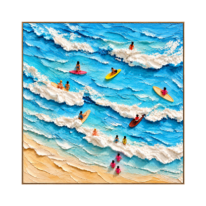 Surfside Play artwork in a natural wood frame on a transparent background.