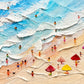 Beachside Revelry full artwork. Colorful beach umbrellas and tiny figures line a sandy shore beside sweeping blue waves and raised white foam.