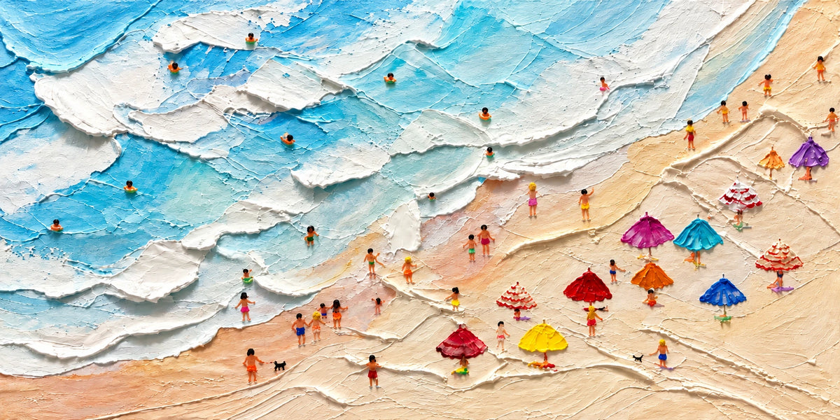 Beachside Revelry full artwork. Colorful beach umbrellas and tiny figures line a sandy shore beside sweeping blue waves and raised white foam.