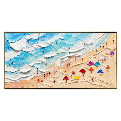 Beachside Revelry artwork in a natural wood frame on a transparent background.