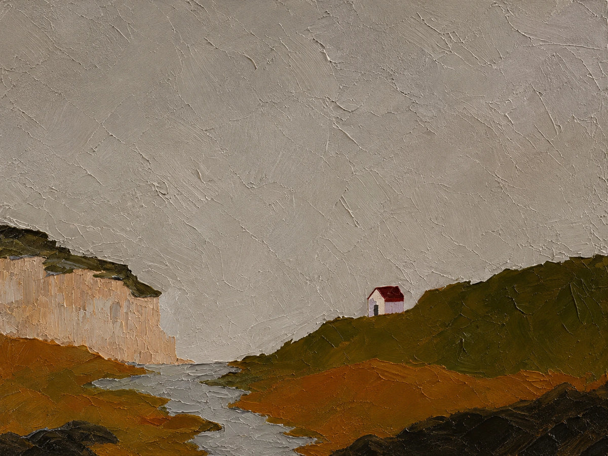 Quiet Headland full artwork. A small white cottage sits on a dark green headland above a winding inlet, beneath a broad gray sky.