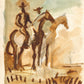 Saddle Sketch full artwork. Loose earthy brushstrokes describe a mounted rider and horses against a softly washed cream and sage background.