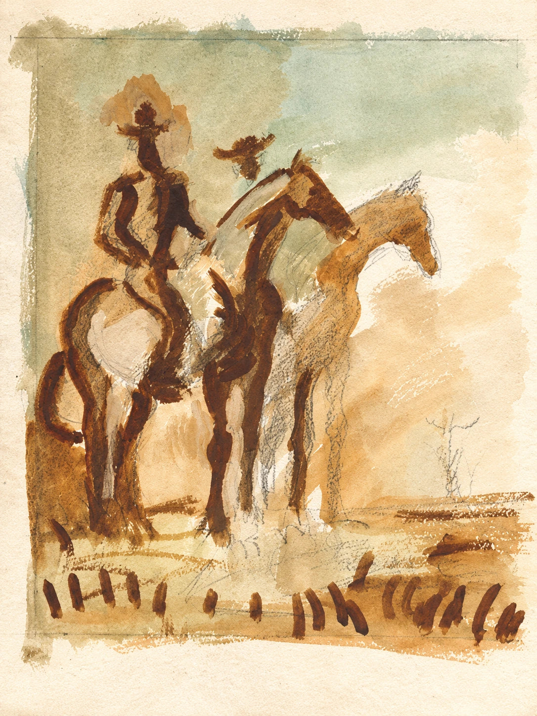 Saddle Sketch full artwork. Loose earthy brushstrokes describe a mounted rider and horses against a softly washed cream and sage background.