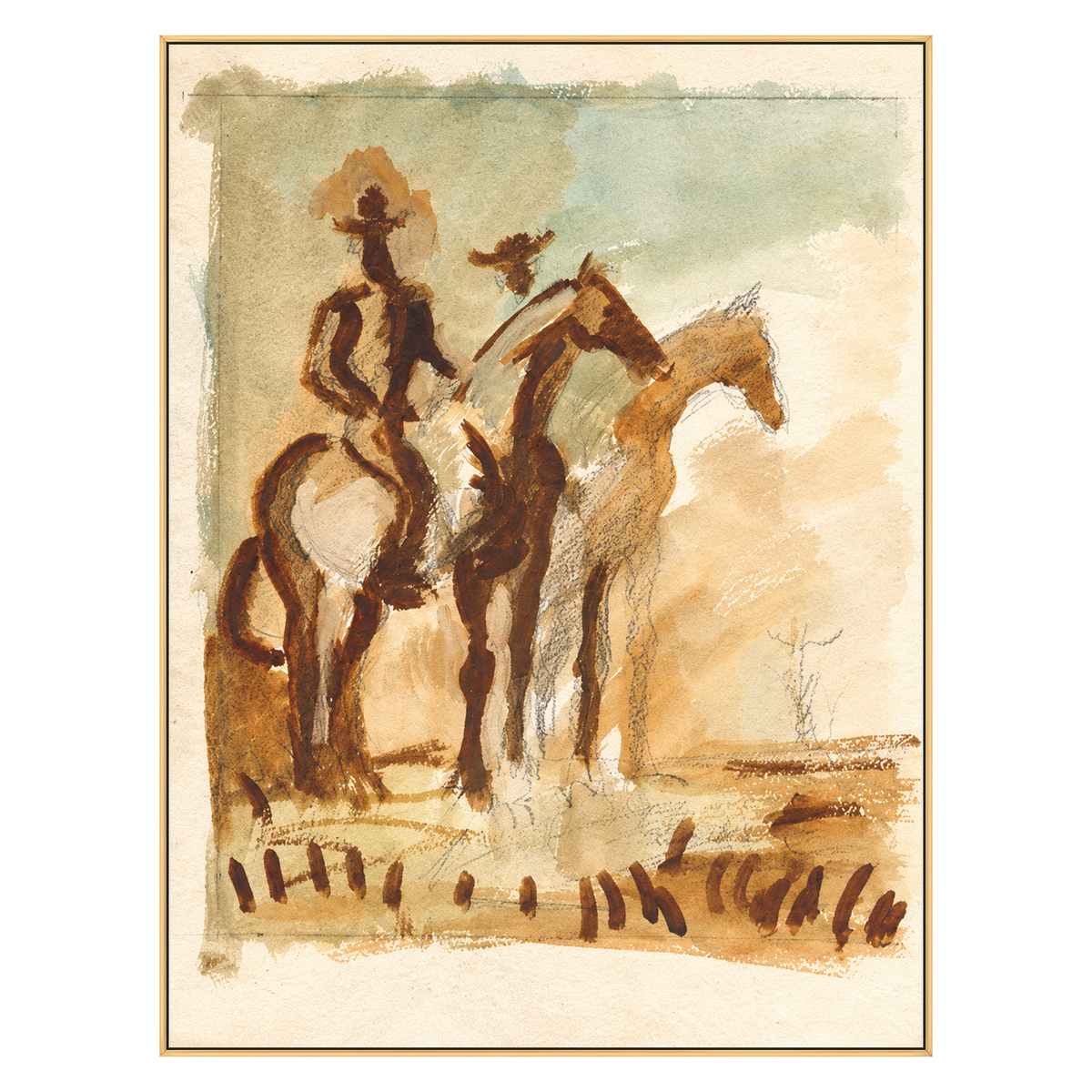 Saddle Sketch artwork in a gold frame on a transparent background.