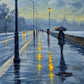 Rainlit Promenade full artwork. A figure beneath an umbrella walks along a rain-soaked promenade, where glowing streetlights reflect across blue pavement.