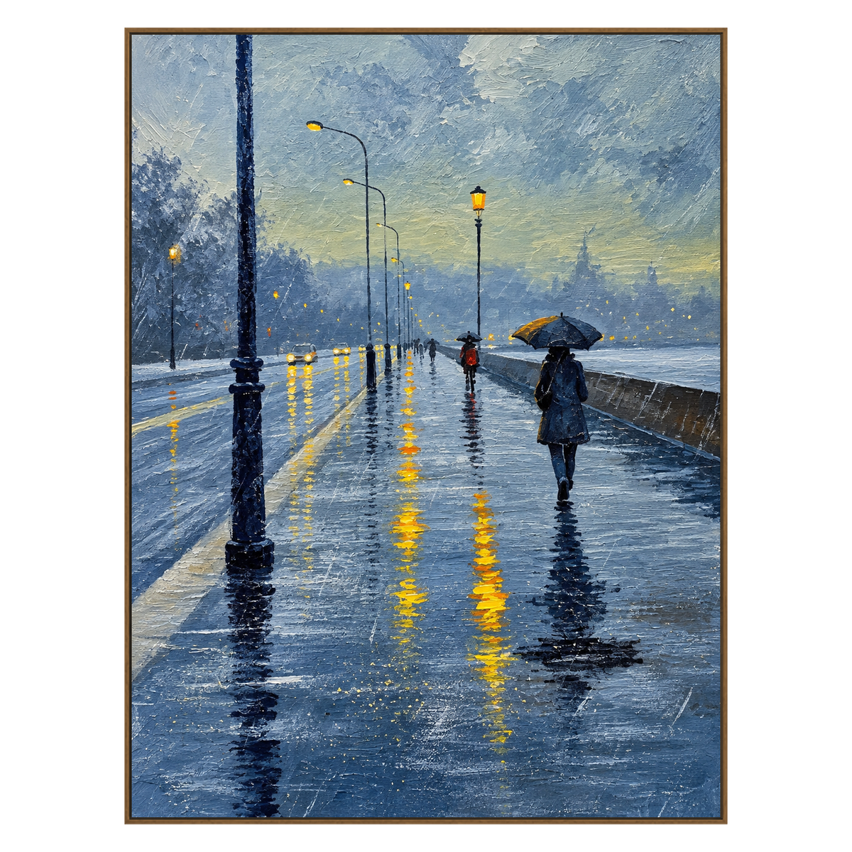 Rainlit Promenade artwork in a natural wood frame on a transparent background.