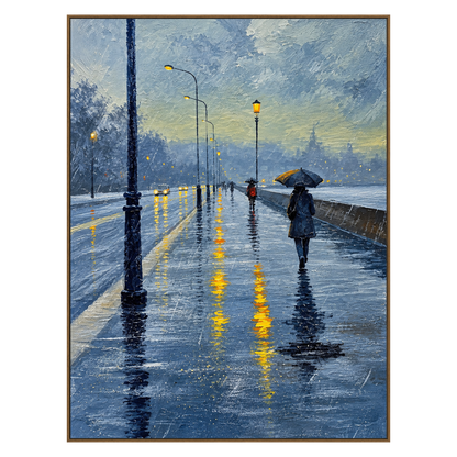 Rainlit Promenade artwork in a natural wood frame on a transparent background.