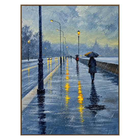 Rainlit Promenade artwork in a natural wood frame on a transparent background.