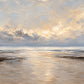 Pearl Daybreak full artwork. Pale light opens through layered clouds above a quiet sea, casting silver and warm gold reflections across the wet shore.