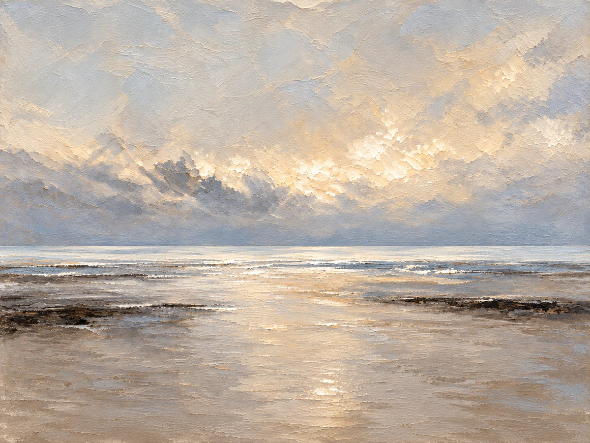 Pearl Daybreak full artwork. Pale light opens through layered clouds above a quiet sea, casting silver and warm gold reflections across the wet shore.