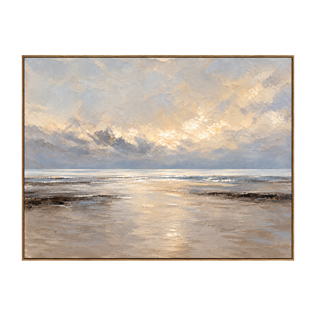 Pearl Daybreak artwork in a natural wood frame on a transparent background.