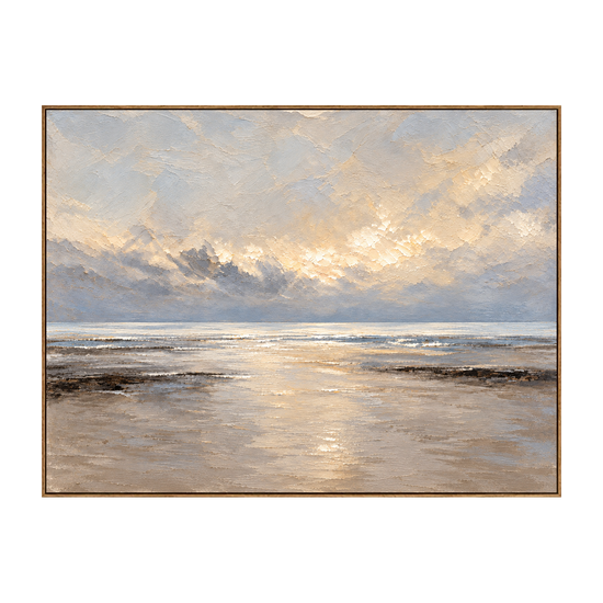 Pearl Daybreak artwork in a natural wood frame on a transparent background.